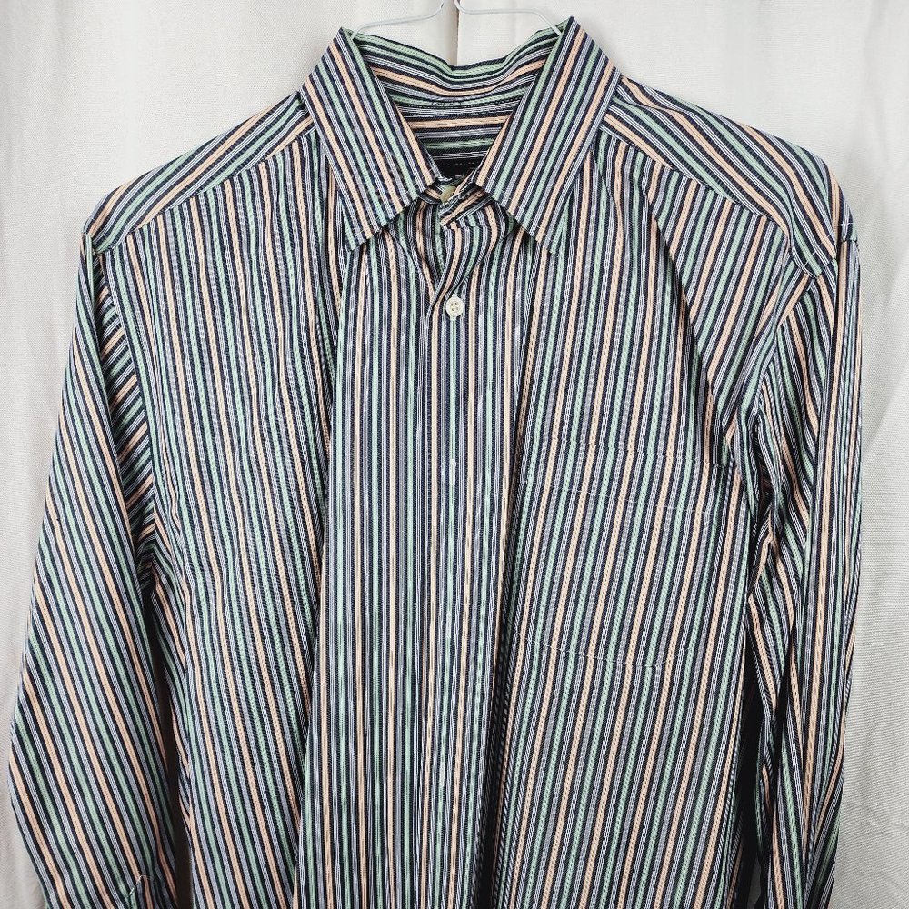 Kenneth Roberts black with blue, orange and green striped dress shirt size Large